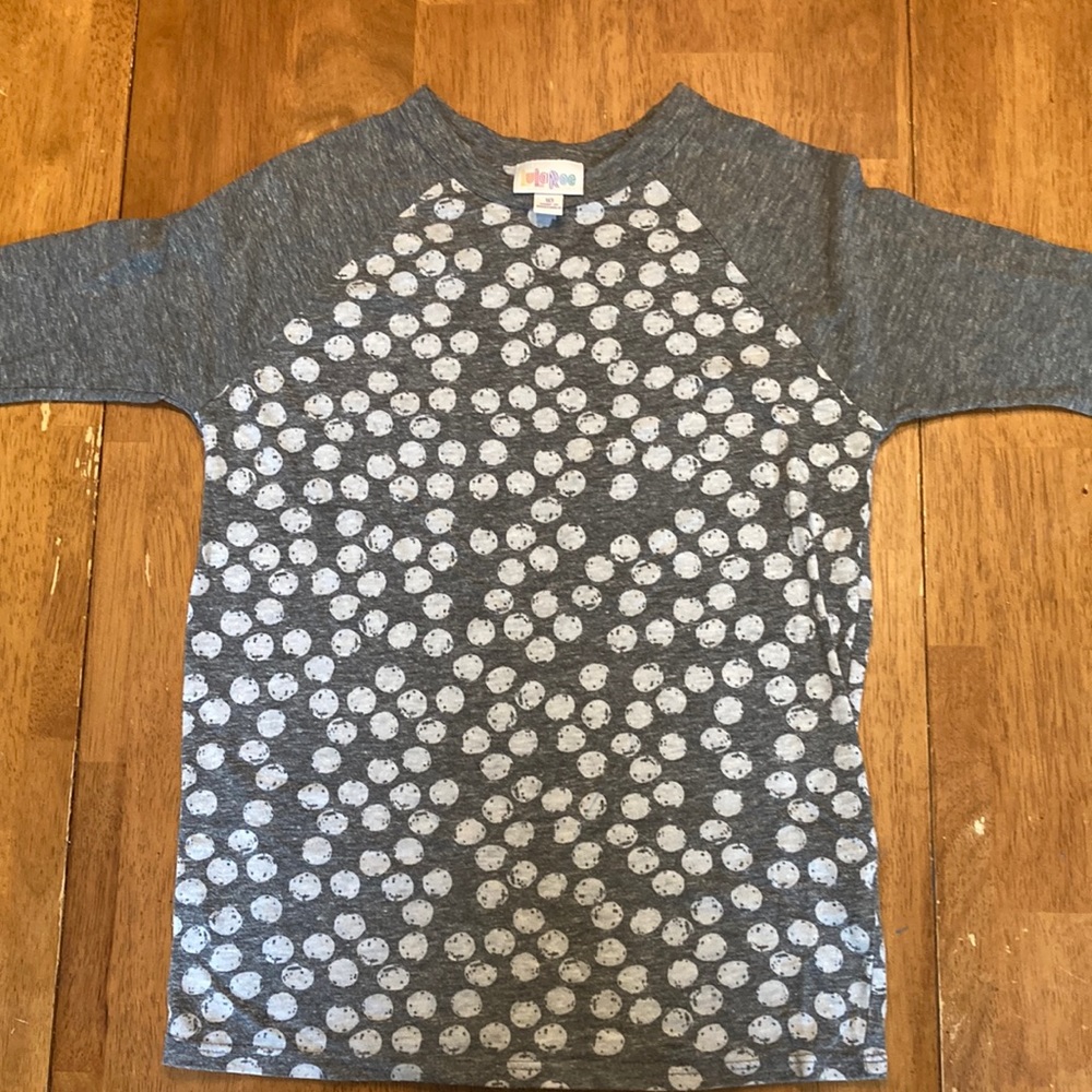 Lularoe Sloan size 10 Heathered gray w/white polka dots w/solid gray sleeves EUC